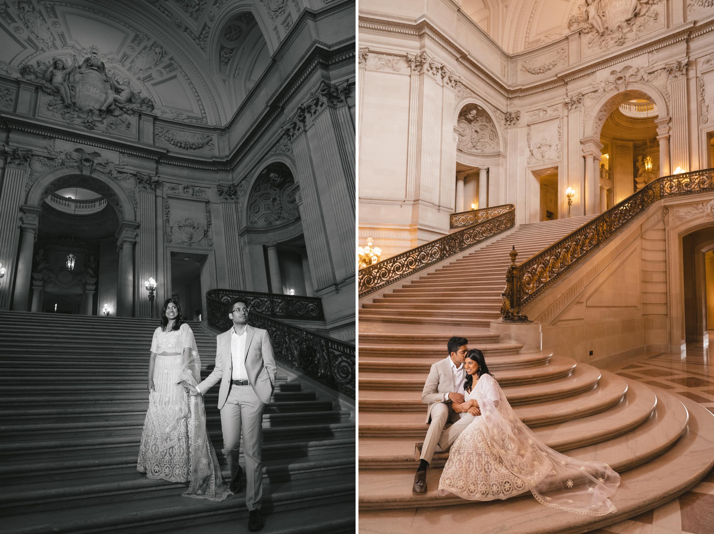 Couple laughing on San Francisco City Hall's marble staircase
